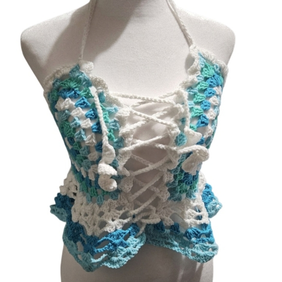 Handmade Granny Square Crochet Halter Top Mermaidcore Boho Criss-cross Icy Blue - Picture 17 of 17